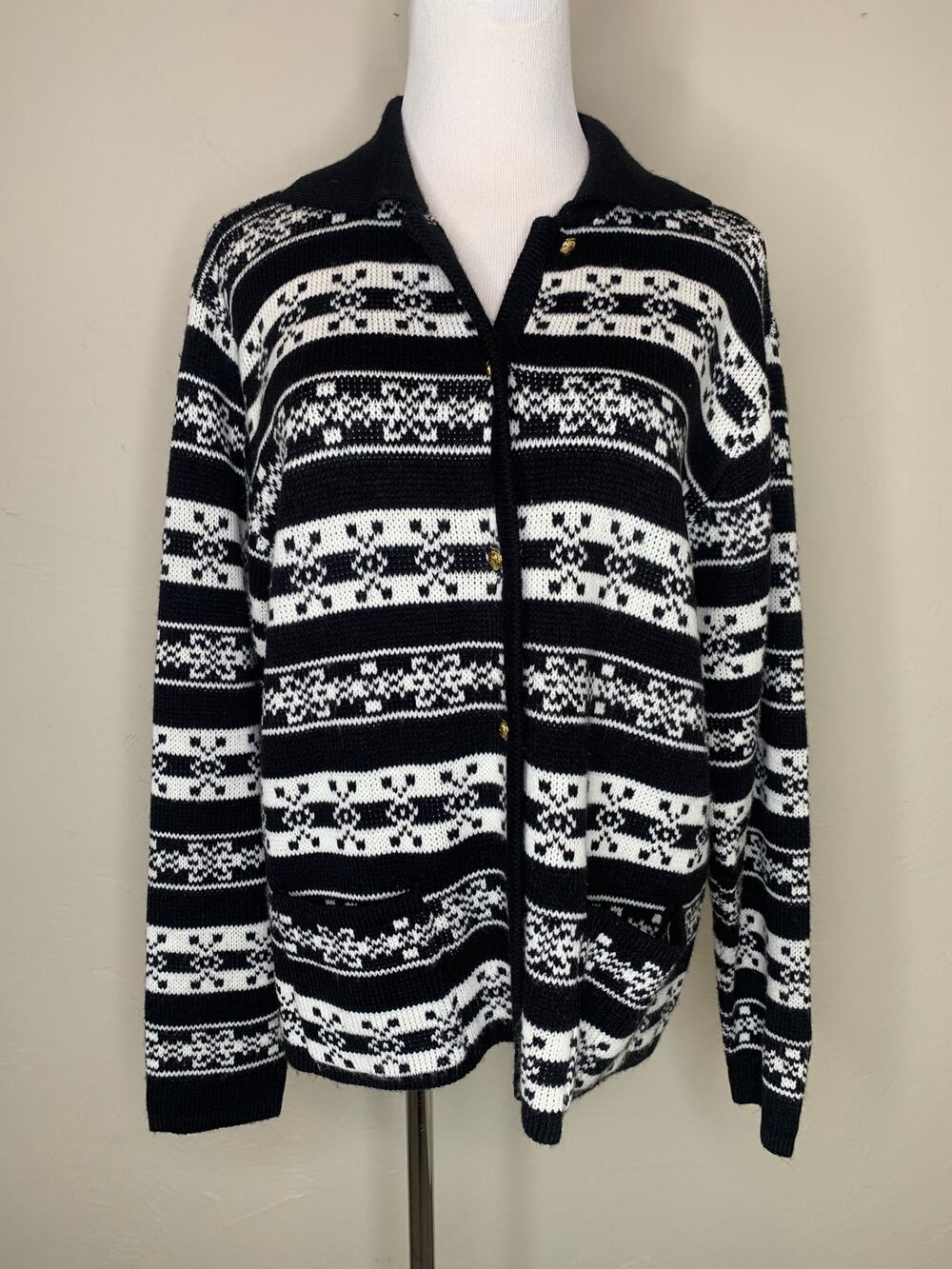 Crystal Kobe Black White Cardigan Fair Isle Sz Medium